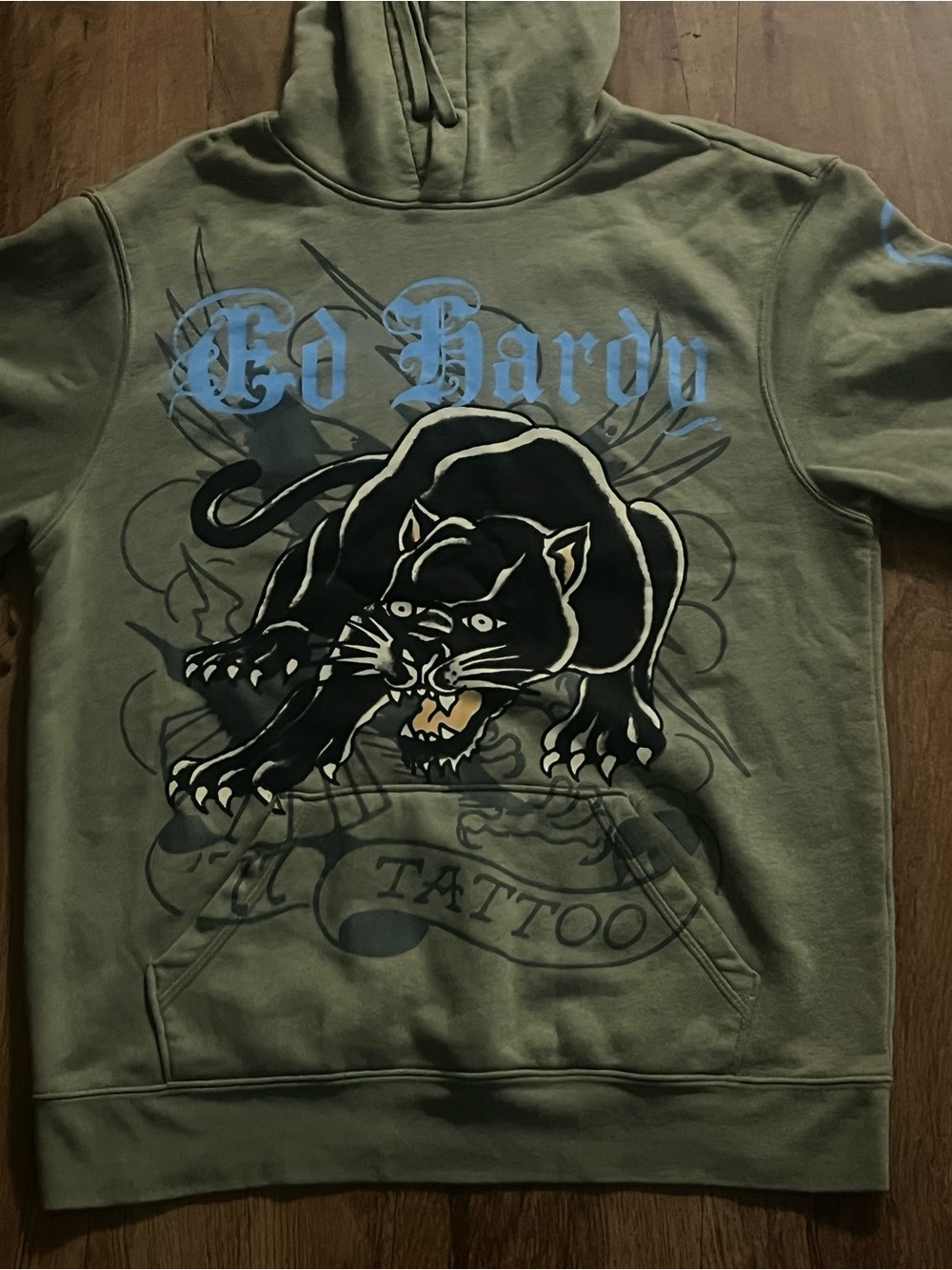 Ed Hardy Olive Green Hoodie with Black Panther Graphic